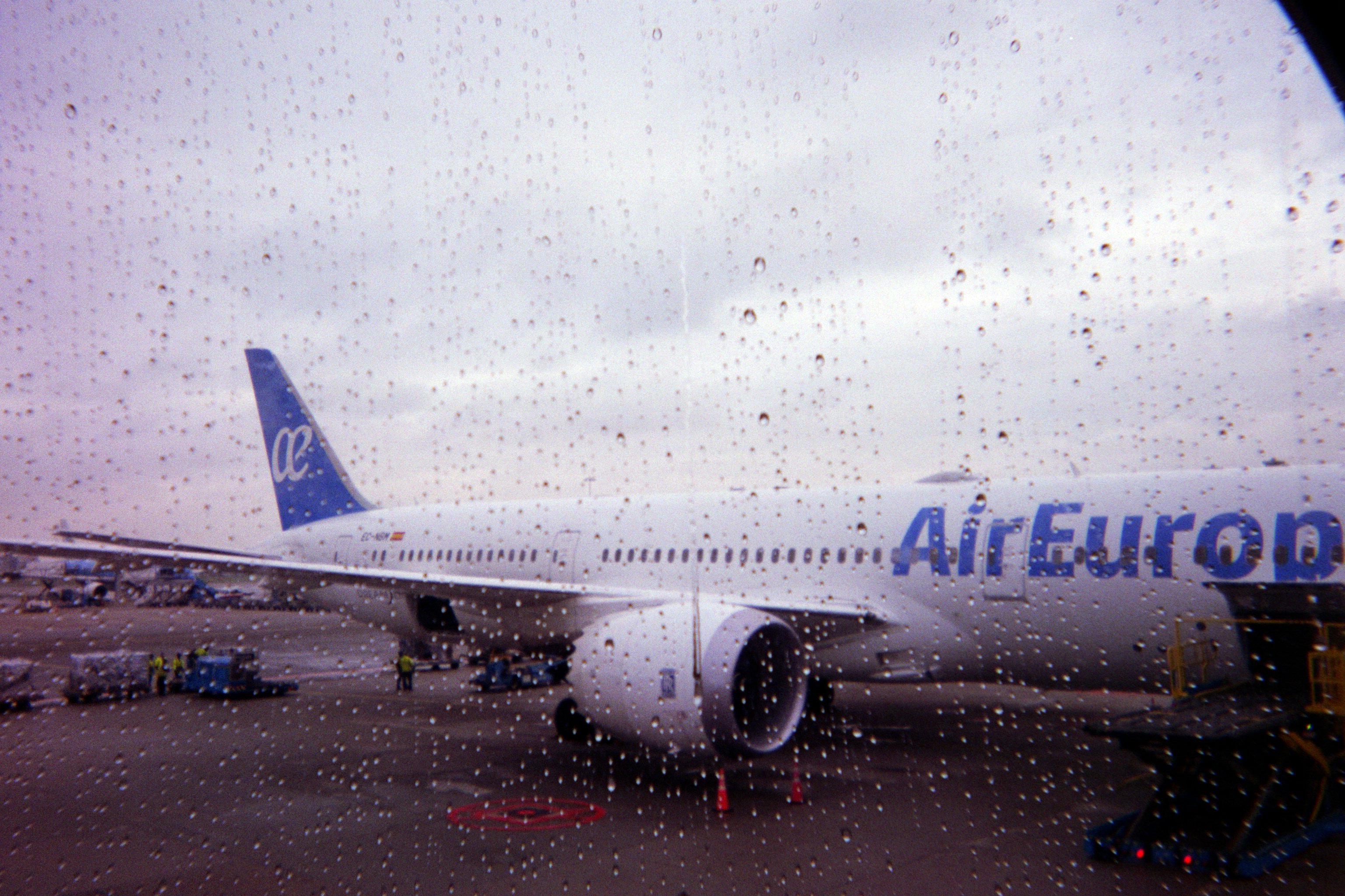 Airplane during a rainy day